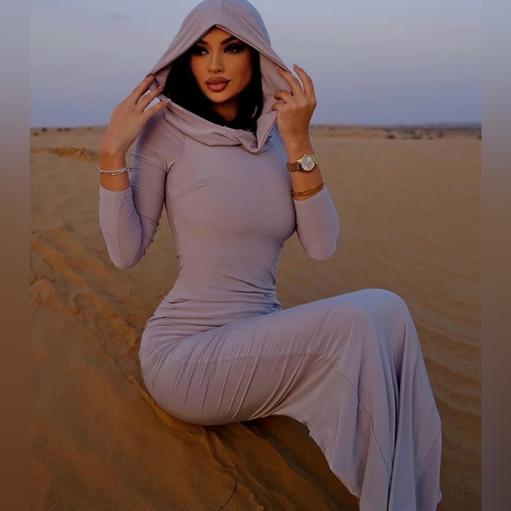 Black hooded bodycon dress long sleeve sexy maxi slit wasteland apocalypse goth - Picture 7 of 10